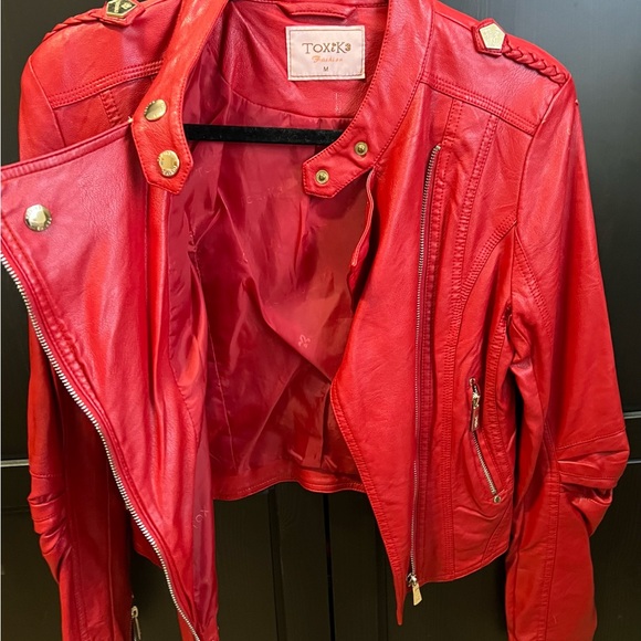 womens red faux leather biker jacket toxik fashion size medium - Picture 11 of 16